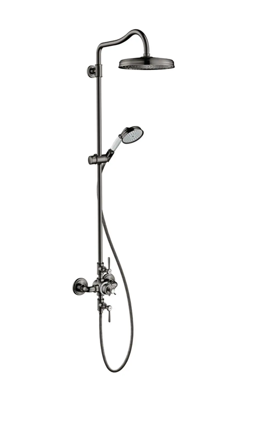 AXOR Duschsystem mit Thermostat, Kopfbrause und Handbrause in poliertem Schwarzchrom. Die Installation ist an der Wand vorgesehen.